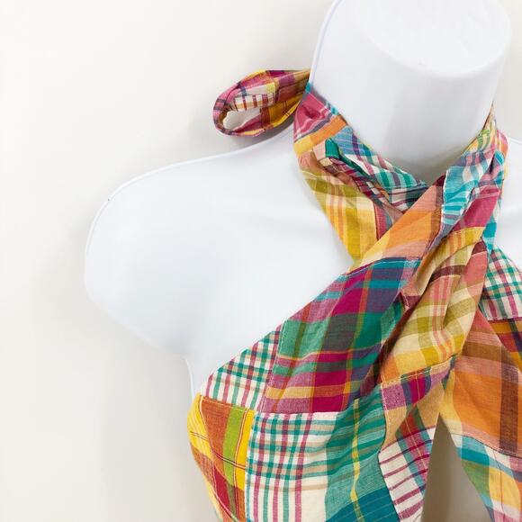 Staud x Birkenstock Womens Kai Halter Top 4 Yellow Madras Patchwork Plaid NWOT - Picture 7 of 11